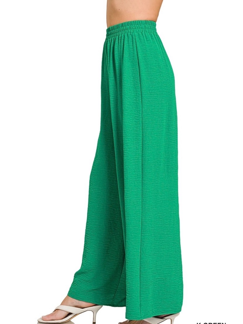 ZENANA Kelly Green Wide Leg Palazzo Pants Medium Boho Vacation Resortwear Flowy - Picture 3 of 6